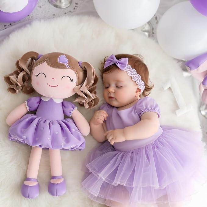 Gloveleya Baby Doll Gifts Plush Curly Girl Toys with Love 16" Purple Light Skin