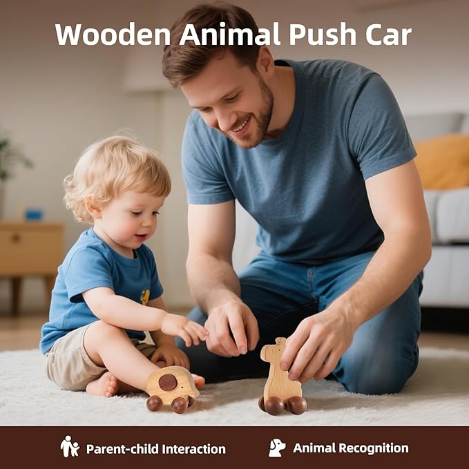 Wooden Push Car Toy Set – 4PCS Montessori Wooden Cars for Kids Age 3+ | Push & Pull Animal Toy Cars (Puppy, Elephant, Pony, Giraffe) | Safe Wooden Baby Toys Gift