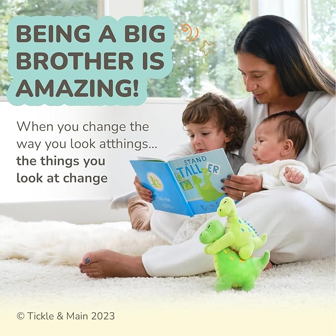 Tickle & Main Big Brother Gift Dinosaur Stuffed Animal Set - 3-Piece, Green, Ages 2+ - Sibling Matching Plush Dinosaurs with Stand Taller Together Book - Sibling Gifts