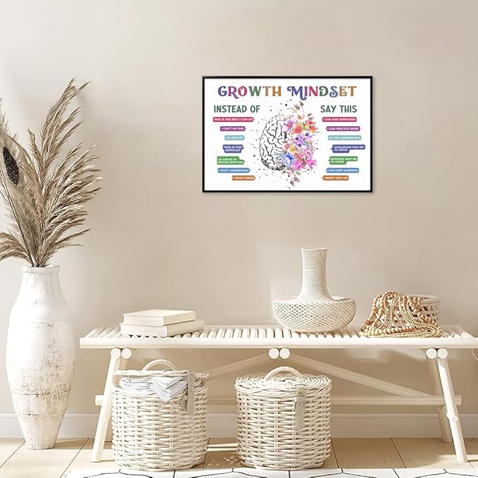 CEHNSENHUI Classroom Growth Mindset Affirmations for Kids Mental Health Posters Brain Poster Psychology Special Education Calm Corner Wall Art Office Therapy Canvas Wall Decor 12x16in BlackFramed