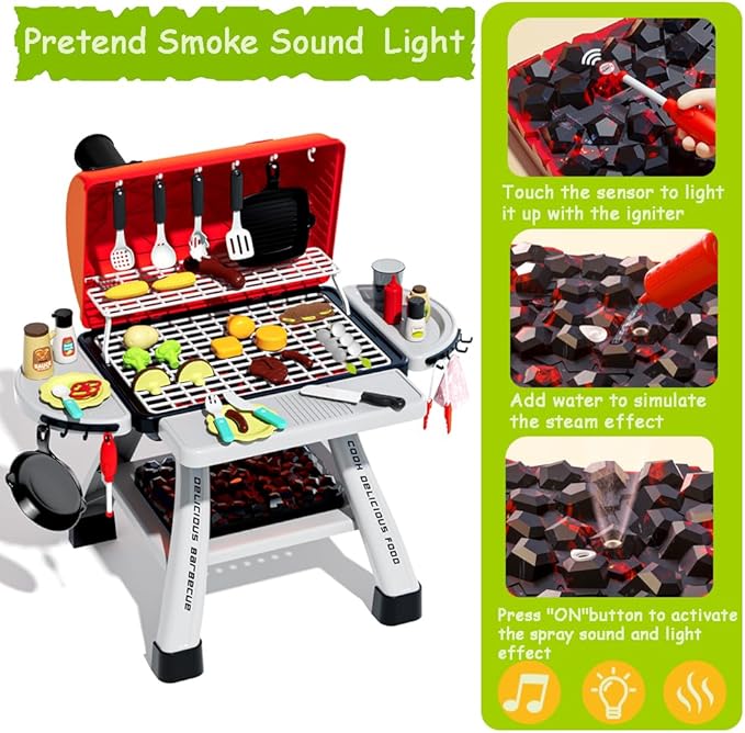 Barbecue Grill Toy Set, Kids BBQ Grill Playset with Smoke Sound Light Simulation Camping Cooking Interactive Toys Christmas Birthday Gift for Toddlers Girls Boys 2-6