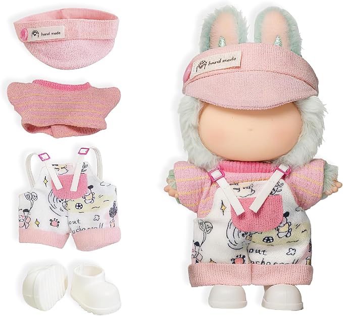 4-Piece Clothes for 17cm Doll, Cute Outfit Set with Hat, Sweater, Overalls, Shoes, Stylish Adorable Dolls Accessories for Display & Dress-Up (No Doll)