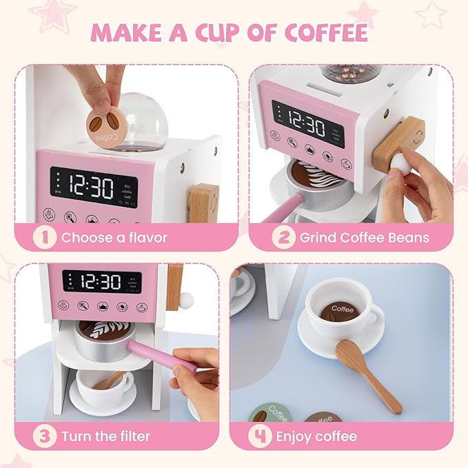 HONEY JOY Corner Play Kitchen, Toddler Wooden Toy Kitchen Set w/Lights, Coffee Maker, Microwave, Sink, Faucet, Little Chef Pretend Play Kids Kitchen Playset for Boys Girls (Pink)