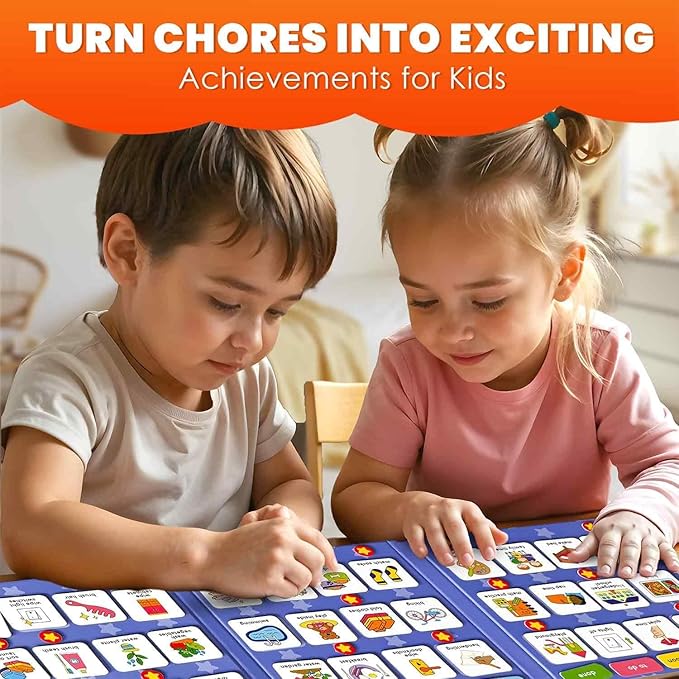 QUOKKA Magnetic Chore Chart for Kids with 72 Routine Magnets & Star Rewards - Foldable Visual Daily Responsibility Schedule and Behavior Chart for Kids - Help Kids Build Good Habits and Independence
