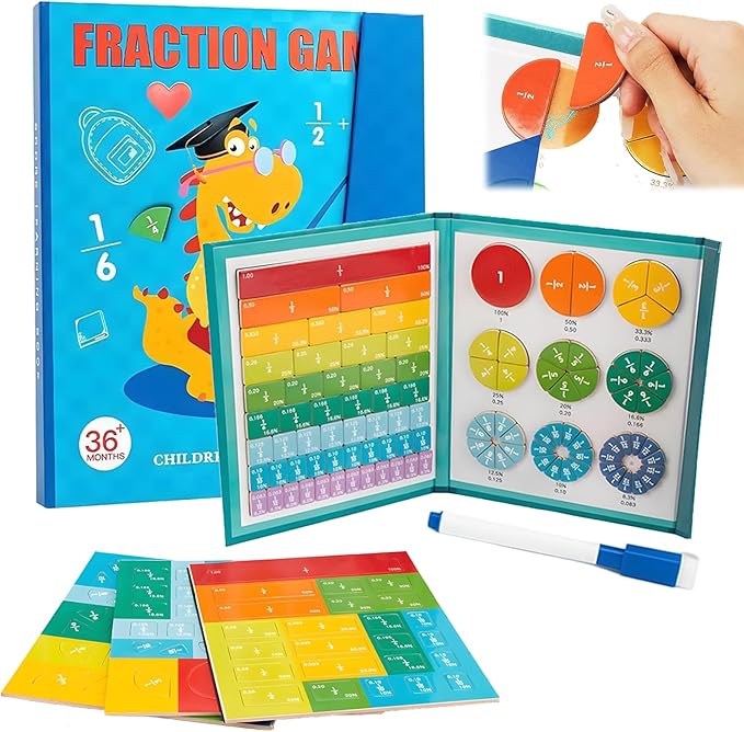 Magnetic Fraction Demonstration Book, Magnetic Fraction Tiles, Magnetic Fraction Disc Set, Magnetic Math Master Set - 102 PCS, Educational Fraction Puzzle for Teaching (Dinosaur, 1, Set)
