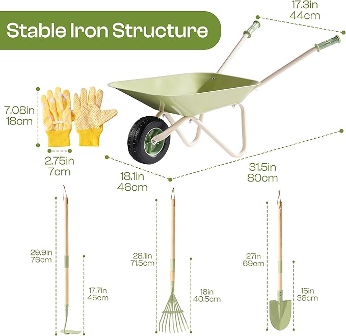 ROBOTIME Kids Wheelbarrow Set, 5PCS Kids Gardening Tool Set with Metal Toy Wheelbarrow, Shovel, Hoe, Broom & Gloves, Outdoor Yard Play for Planting, Sand, Leaves & Snow Fun, Gifts for Toddler 3+