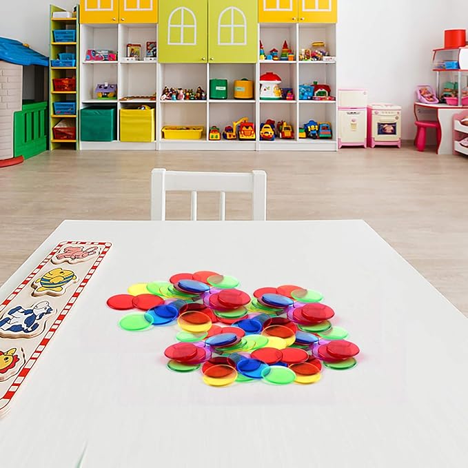 Coopay 300 Pieces Counters Counting Chips Plastic Markers Mixed Transparent Colors for Bingo Chips Game Tokens, Contain White, Blue, Green, Yellow, Red, Purple Colors