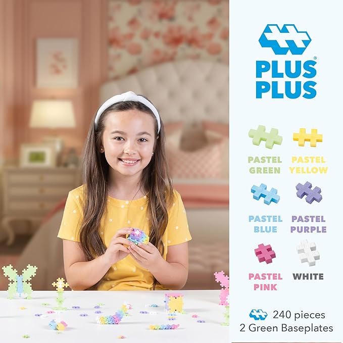 PLUS PLUS 240 Piece Interlocking Building Blocks for Kids, Open Ended Connecting Toys, STEM Bin Mini Manipulatives - Pastel Mix Play Tube & Baseplate