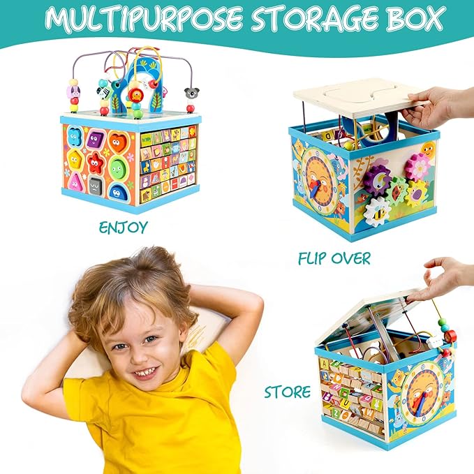 Qilay Wooden Activity Cube for Toddlers, 5 in 1 Multipurpose ABC-123 Abacus Early Educational Montessori Toys, Learning Toys for 3 Year Old | Bead Maze, Great for Boys Girls