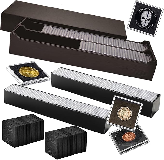 Coin Capsule Coin Snap Holder 2 x 2 Inch Half Dollar Coin Holder, Coin Cases for Collectors Coin Sleeves Collectors for Coin Collection Supplies (Black Foam Gasket with Gift Box, 102)