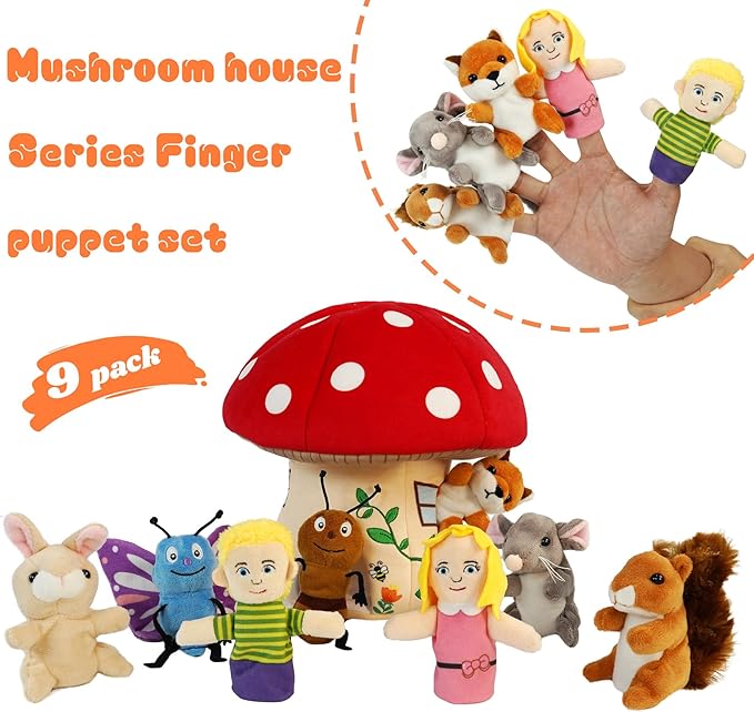 9 Pcs Finger Puppets Set Mini Toys, Soft Plush Insect Animal Finger Puppet for Kids Mini Stuffed Animals with Mushroom House,Finger Puppets for Toddlers Storytelling Role-Playing Christmas School