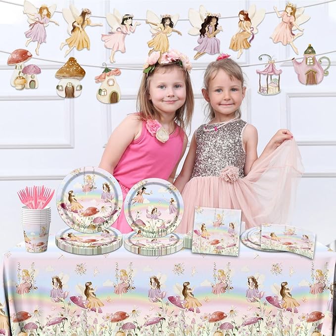 Fairy Party Decorations Tableware, 142pcs Fairy Birthday Party Decorations Plates and Napkins Cups Tablecloth Flower Fairies Banner for Enchanted Forest Garden Birthday Baby Shower Decorations