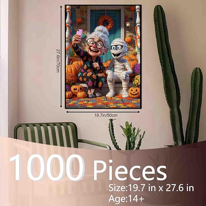 Halloween Funny Grandma Taking Selfie with Mummy 1000 Piece Jigsaw Puzzle for Adults Students 20×27 Inches Cute Autumn Jigsaw with Pumpkins Leaves and Festive Decor Gift for Family Fall