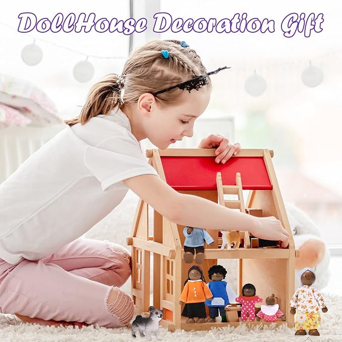 Skylety 10 Pcs Wooden Dollhouse Set of Mini People Figures Dollhouse Dolls Wooden Doll Play Figures Accessories(Cute Style)