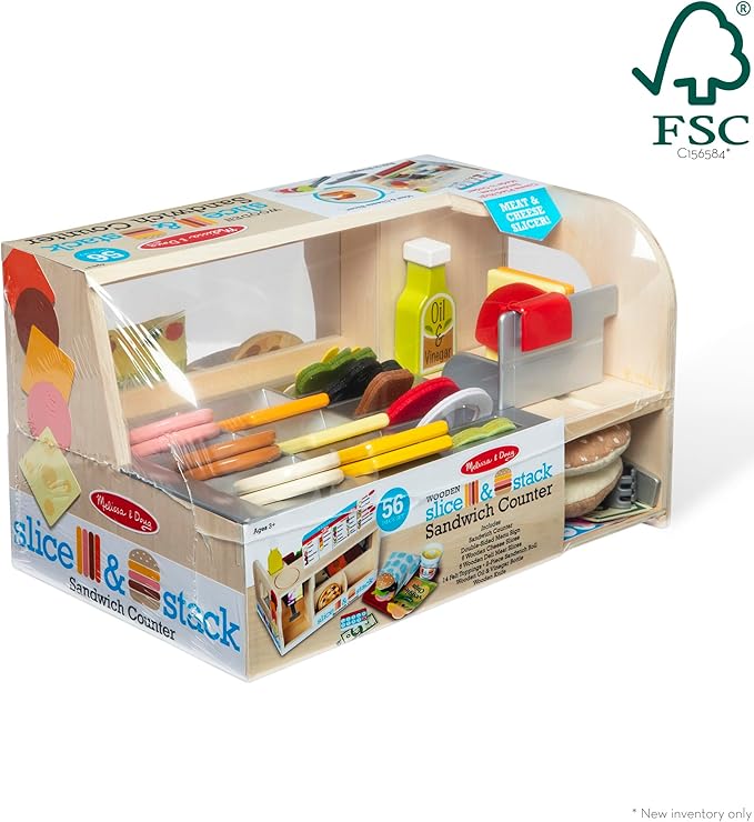 Melissa & Doug Slice-Stack-Serve, Wooden Sandwich Counter Pretend Play Store with Play Food Toys, Play Money & Deli Slicer, Preschool Toys for Kids 3+