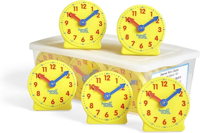 hand2mind Plastic Rainbow Fraction Tiles + Mini Geared Clock for Learning to Tell Time (15 Sets of 51 Pieces + Set of 24)