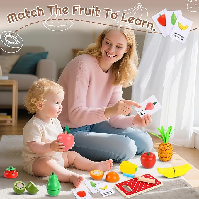 35PCS Wooden Play Food for Toddlers, Pretend Food Toys Play Kitchen Accessories with Storage Basket, Learning Cards, Cutting Food Fruits Toys Montessori Toys Gift for Kids Girls Boys Age 3 4 5 6