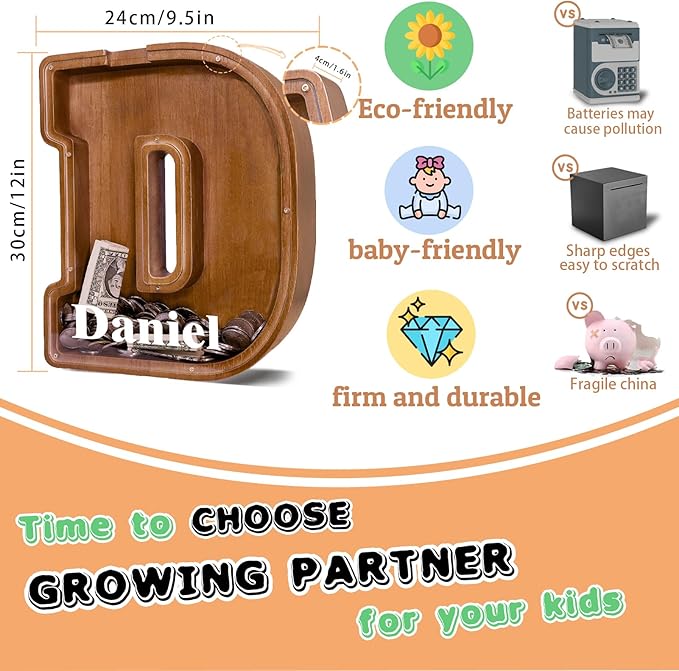 Wooden Letter Piggy Bank for Kids Larger Letter Piggy Bank for Boys and Girls Personalized Piggy Bank Initial Coin Bank Wood Kids Money Bank for Birthday and Festival