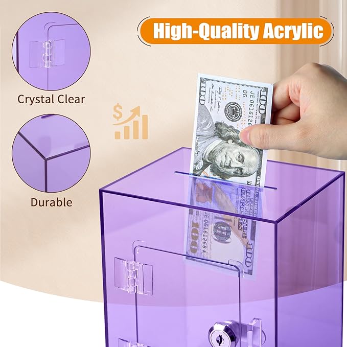 Hicocool Clear Piggy Bank with Lock, Acrylic Piggy Bank for Adults Kids Openable, Reusable Money Saving Box with Key for Birthday (Purple)