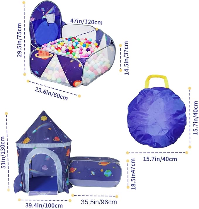 TTLOJ Gift 3pc Rocket Ship Kids Play Tent, Ball Pit, Crawl Tunnel, Toddlers Playhouse Castle Toys, Baby Boys Girls Gift for 3 4 5 6 7 Year Old, Outdoor Indoor(Balls Not Included)