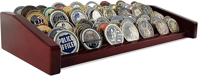 8 Rows Military Challenge Coin Display Stand - Holds 60-70 Coins, Solid Wood Army Police Coin Rack Display Holder for Desktop, Mahogany