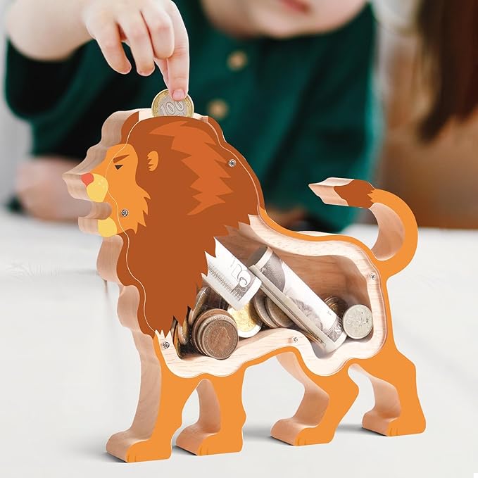 Wooden Lion Piggy Bank for Kids, Lion Piggy Bank with Acrylic Panels, Unbreakable Toddler Money Box for Boys Girls, Cute Kids Saving Coin Jar for Home Décor, Birthday