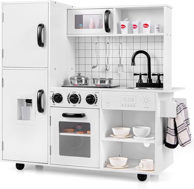 INFANS Play Kitchen for Kids, Wooden Kids Play Kitchen Playset with Realistic Light & Sounds, Pots Pan Microwave Sink, Children Pretend Cooking Toy Set Gift for Toddler Boys Girls Ages 3+
