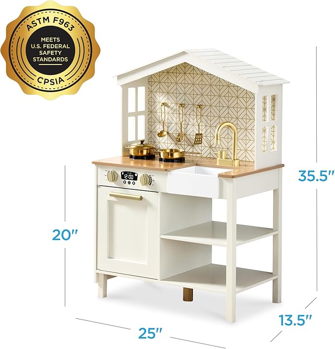 Best Choice Products Pretend Play Wooden Farmhouse Kitchen Set for Kids w/Toy Storage, Clicking Knobs, Windows, 5 Accessories Included - Cream