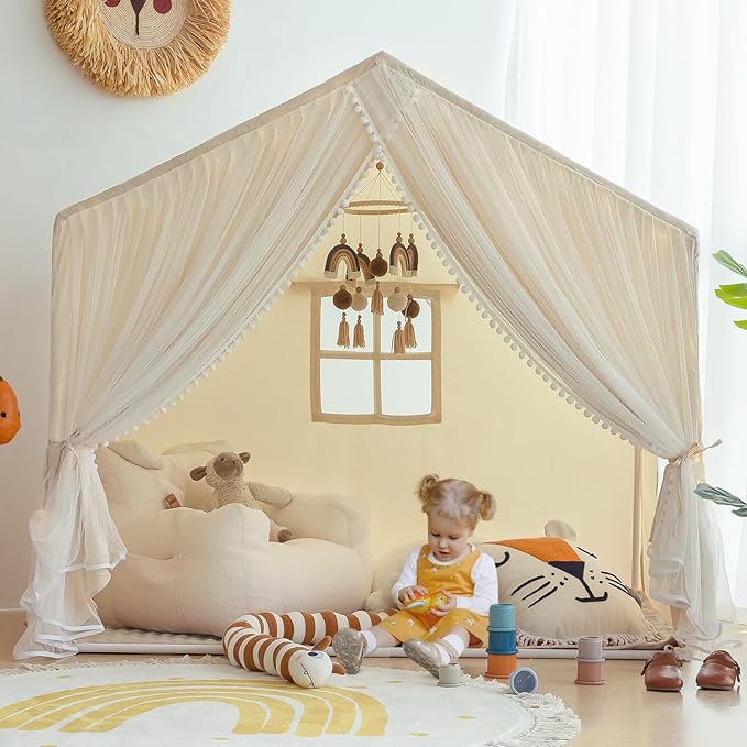 Kids Play Tent with Padded Mat, Kids Tents Large Princess Castle Pompoms Play House Indoor Playhouse Tent for Girl Bed Tents