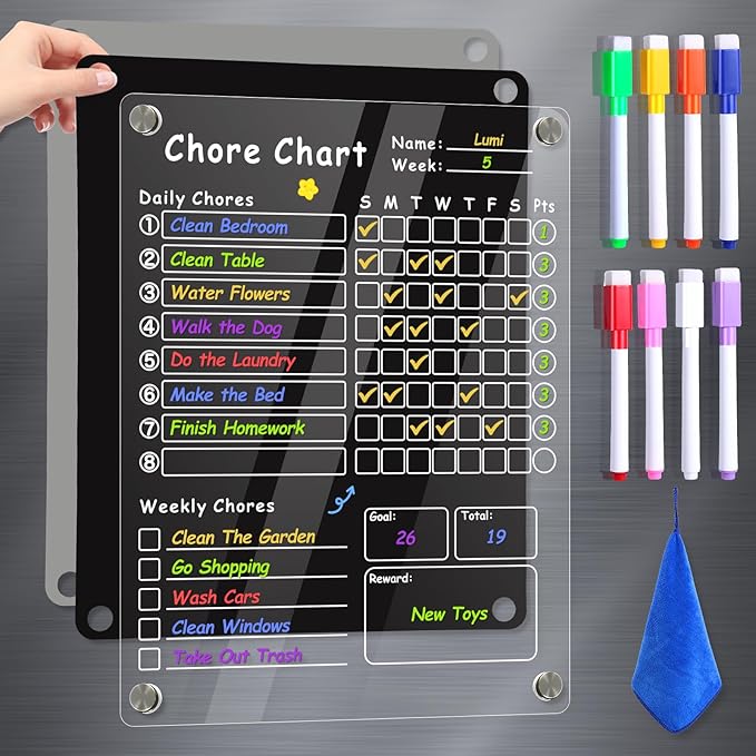 Acrylic Magnetic Chore Chart for Kids, Chore Board, Dry Erase Chore Chart, 12"x9.5" Transparent Erasable Reward Chart for Teens and Adults Chore Checklist with 6 Markers and Towel