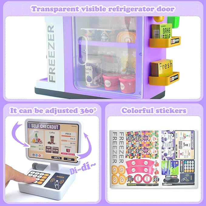 Pretend Play Cash Register Toy Set with Scanner, Play Money, Calculator, Coffee Machine and Play Food for Kids Ages 3+ (Purple)