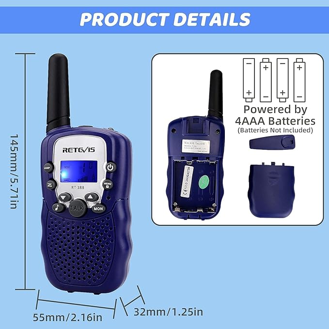 Retevis RT388 Kids Walkie Talkies, Toys for 6-12 Year Old Boys Girls, Walkie Talkies for Kids 22CH 2 Way Radio, VOX Flashlight LCD Backlit, Toys Gifts for Outdoor Stocking Stuffers(Dark Blue,1 Pair)
