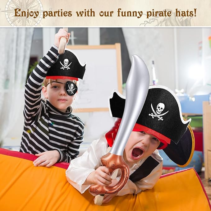 Legigo 72 Pcs Pirate Party Set- Include 24 Pirate Hats, 24 Eye Patches, 24 Inflatable Swords Pirate Accessory for Caribbean Fancy Dress Cosplay Themed Party Stage Prop