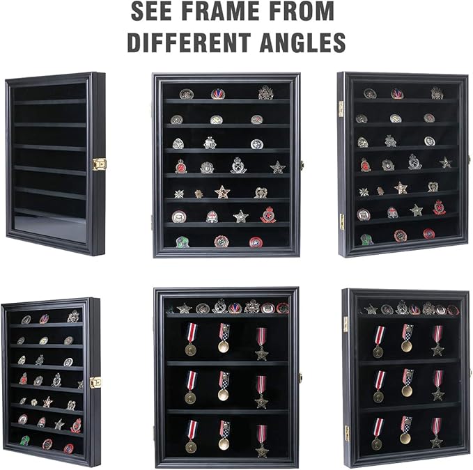 Military Challenge Coin Display Case Lockable Wood Cabinet Rack Holder Black Shadow Box with Removable 2 Grooves Shelves and Anti Fade Real Glass Door for Casino Poker Chips Collectibles