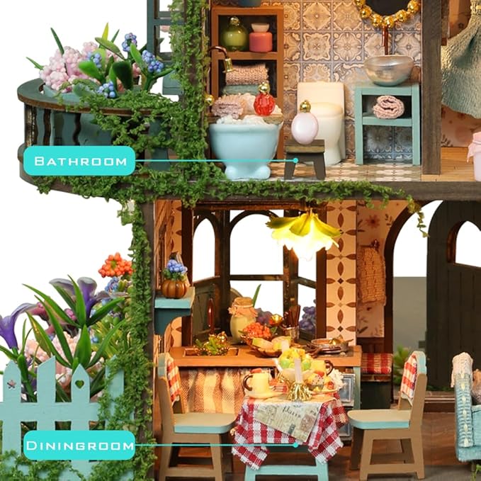 Yuzhen DIY Miniature Dollhouse with Furniture and LED Lights, Wooden Dollhouse Includes Dustcover and Music Movement