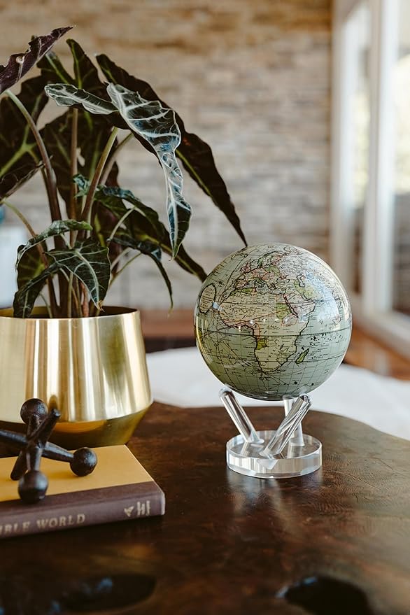MOVA Antique Terrestrial Globe 4.5" – Green Vintage Map, Solar Powered Rotating Desktop Globe, Classic Decorative Gift