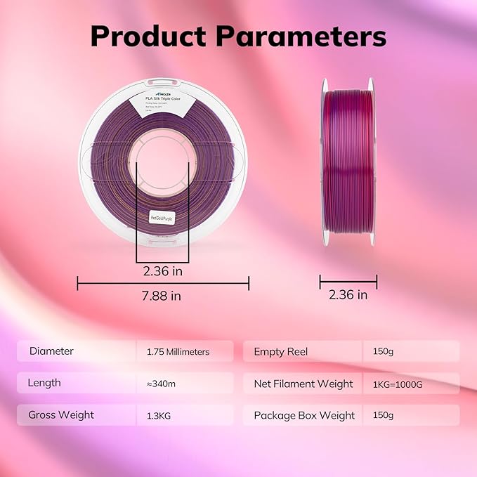 AMOLEN Silk PLA 3D Printer Filament, Triple Colors Coextrusion Purple Red Gold PLA 1.75mm, Shiny Color Change Filament 3D Printing PLA Filament for Most FDM 3D Printer, 1kg Spool(2.2lbs)