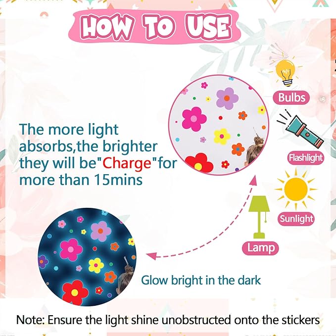 Glow in The Dark Y2k Cute Flowers Wall Decals，Glowing Luminous Colorful Floral Wall Stickers Removable self-Adhesive Flower Decals for Girls Bedroom Kids Baby Nursery Living Room Decor (Bright Color)