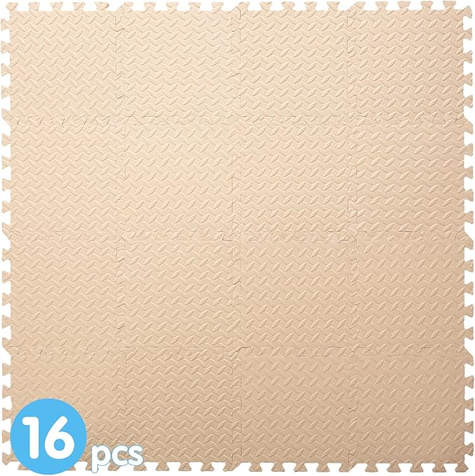 Coolcandy EVA Foam Play Mat, 16 Tiles Colorful Baby Play Mat, Square Kids Playmat with Solid Colored, 0.4" Thickened Interlocking Foam Floor Tiles, Puzzle Play Mat for Baby Lying, Playing (Beige)