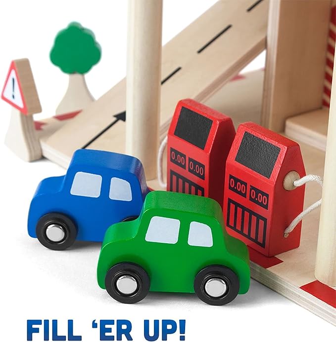 Imagination Generation Downtown Deluxe Wooden Parking Garage Ramp & Service Station Playset with Elevator, Signs & Accessories for Mini Toy Cars (19 pcs)