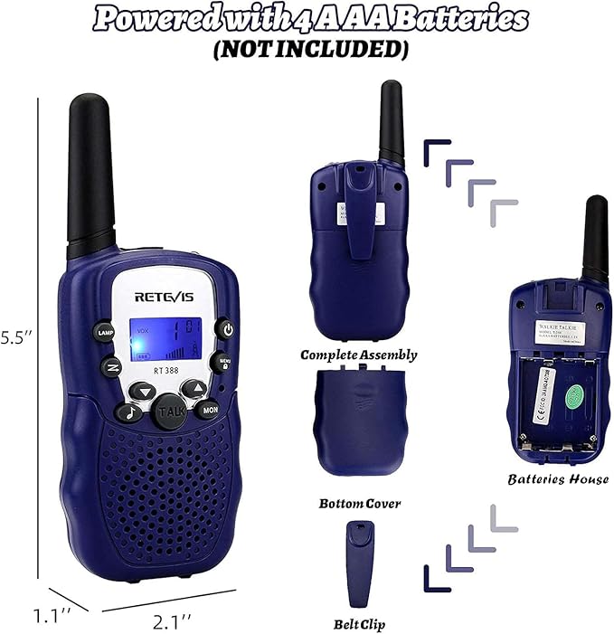 Retevis RT388 Kids Walkie Talkies, Toys for 6-12 Year Old Boys Girls, Walkie Talkies for Kids 22CH 2 Way Radio, VOX Flashlight LCD Backlit, Toys Gifts for Outdoor Stocking Stuffers(Dark Blue,1 Pair)