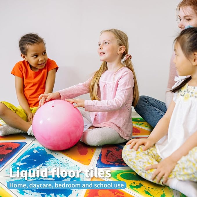 Art3d 4-Pack Triangle Liquid Sensory Floor Tiles, Colorful Liquid Fusion Play Mats for Kids Toddler, 15" x 15"
