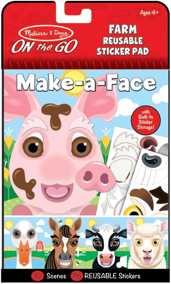 Melissa & Doug On The Go Make-a-Face Reusable Sticker Pad Travel Toy Activity Book – Farm Animals (10 Scenes, 76 Cling Stickers)