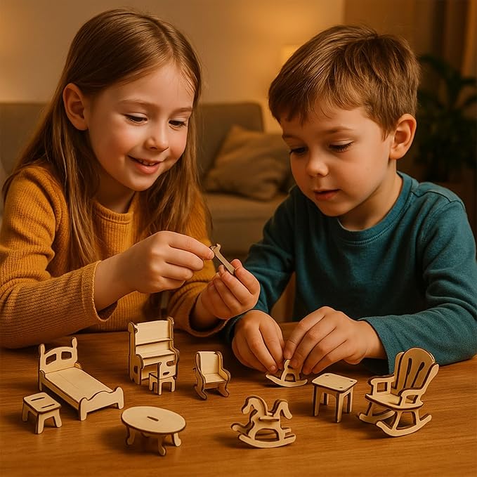 LOVEINUSA DIY Wooden Dollhouse Furniture Set, 3D Puzzle Miniature Room Accessories, Natural Wood