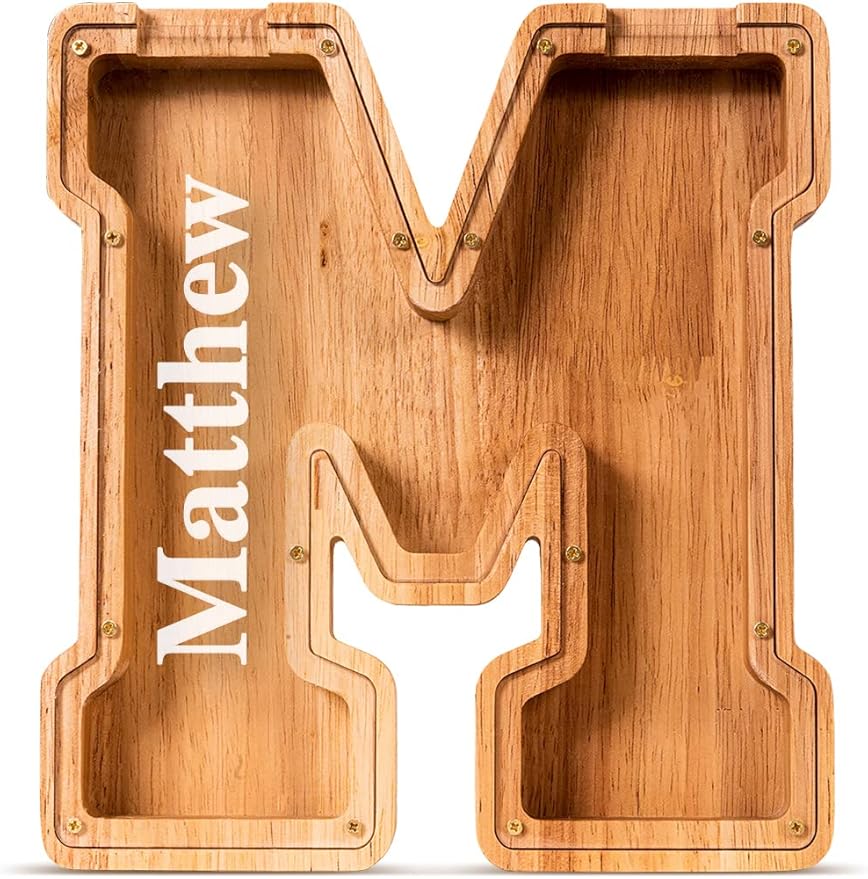 Summidate Customized Name Large Wooden Piggy Bank for Kids Boys Girls Alphabets Letter A-Z Coins Bills Money Change Bank Box Initial on Clear Cover (Laser Engraved) (Alphabet-M, Personalized-9")