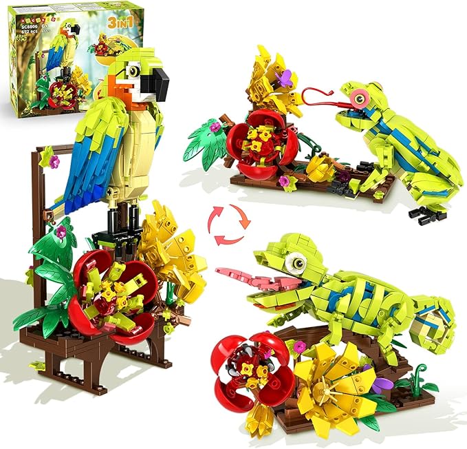 HOGOKIDS 3 in 1 Flowers Frog Parrot Lizard Building Set - Botanical & Animals Figures Building Toy for Home Office Art Decor Display Transforms Model Learning Gift for Adults Kids Boys Girls(672PCS)