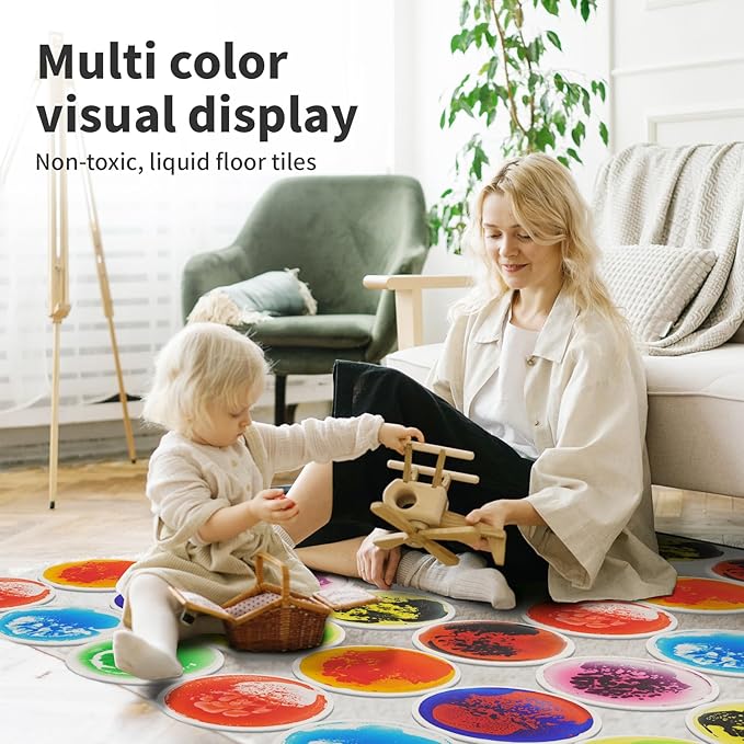 Art3d 9PCS Round Sensory Floor Tiles for Kids, Toddlers and Children, Colorful Liquid Sensory Activity Mat for Active Play and Decorative