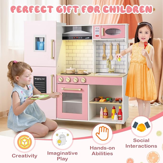 Costzon Kids Kitchen Playset, Wooden Pretend Play Kitchen with BBQ Grill, Ice Maker, Range Hood, Blackboard & Cooking Accessories, Toy Kitchen Set with Lights & Sounds, Gift for Toddlers Ages 3+