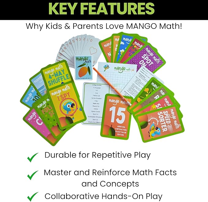 MANGO Math 15 Pack - Math Flash Cards - Educational Math Games for Kids - Addition, Subtraction, Place Value Games & Learning Kit -2nd 3rd 4th Grades - Kids 6-12 - Set of 15 Games - English Version