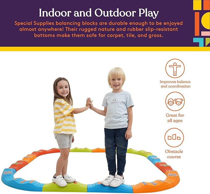 Special Supplies 20 Piece Stepping Stones for Kids, Indoor and Outdoor Balance Blocks Promote Coordination, Balance, Strength Child Safe Rubber Bottom
